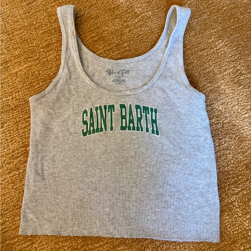 Brandy Melville Gray Ribbed Tank with Green "Saint Barth" Print